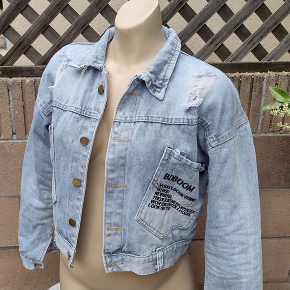 Cropped Powder Blue Denim Jean Jacket / "Happy Times"  Quang Phat Denim Size S - Picture 2 of 9